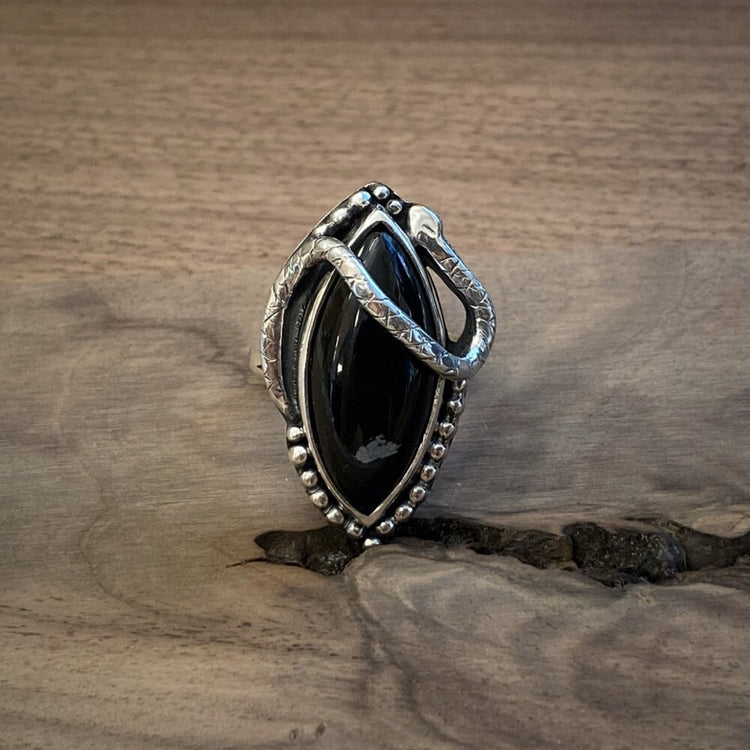SNOWFLAKE OBSIDIAN SERPENT RING