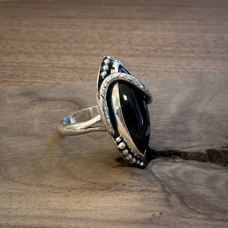 SNOWFLAKE OBSIDIAN SERPENT RING